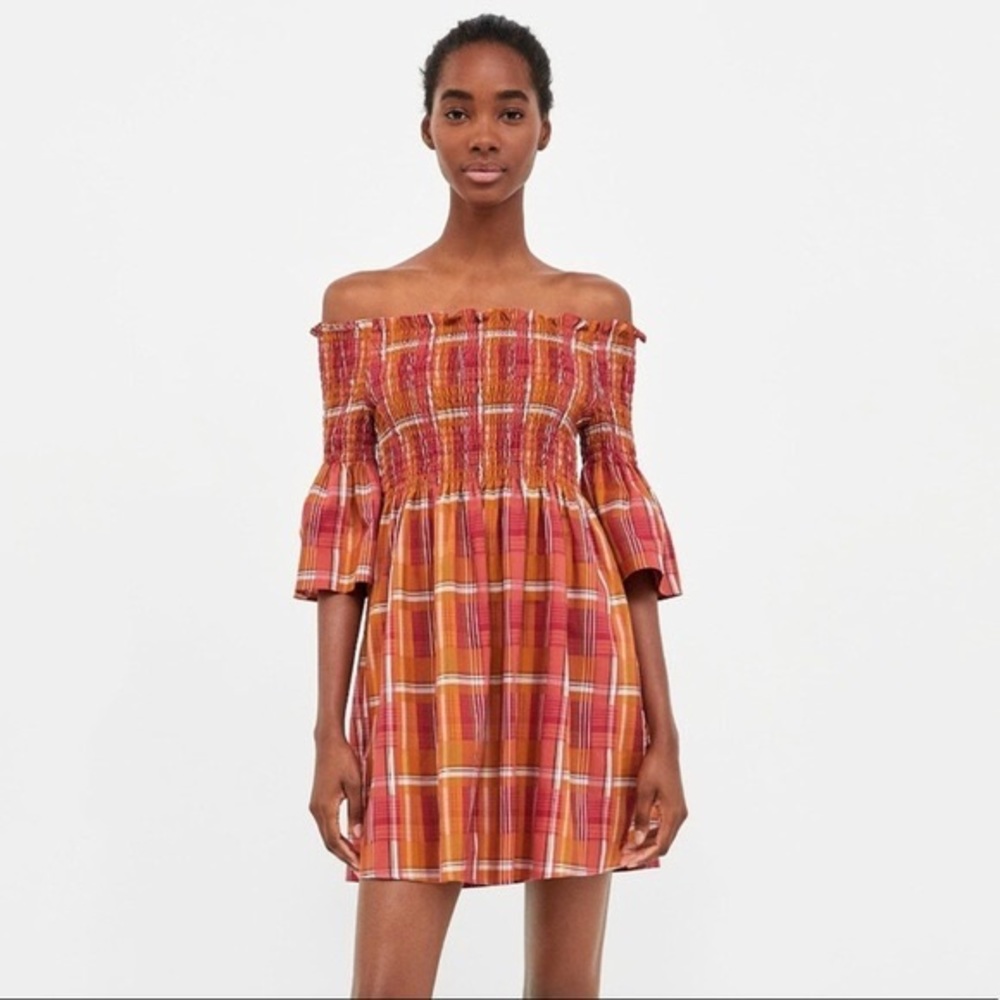 NWT Zara Off the Shoulder Plaid Dress 100% Cotton Pink, Orange & White Large